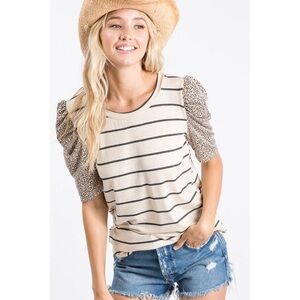 Striped Short Sleeve Top with Leopard Accents